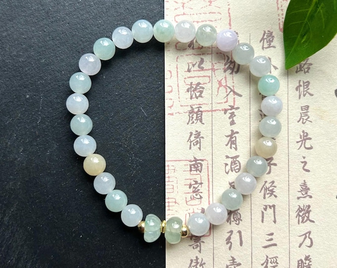 Natural Jadeite Beaded Bracelet Burmese Type A Icy Highly Translucent Pastel Multicolor Jade 6.7mm