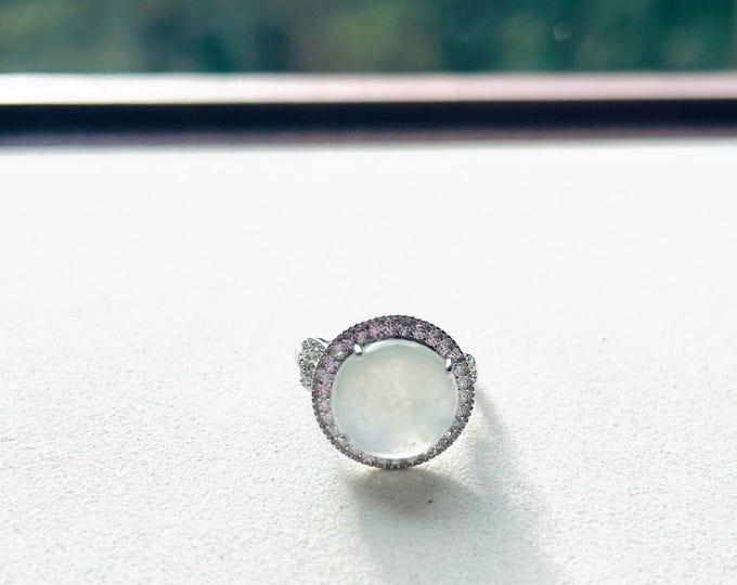 Certified Jadeite Ring Jewelry Gift for Her Type A Burmese Natural Untreated Highly Translucent Icy White Jadeite Adjustable Sterling Silver