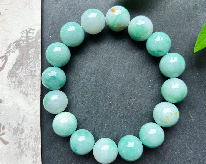 Jadeite Beaded Bracelet Jewelry Unisex Gift Natural Burmese Type A Icy Green & Red Floral 13mm Jade FeiCui