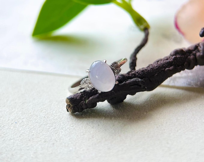 Jadeite Jade Ring Jewelry Gift for Her Natural  Burmese Type A Translucent Icy Pinkish Lavender Purple Jade Adjustable Sterling Silver Ring