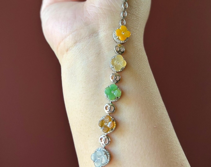 Natura Jadeite Handmade Osmanthus Flower Sterling Silver Bracelet - Untreated Burmese Type A Highly Translucent Multicolor Jade