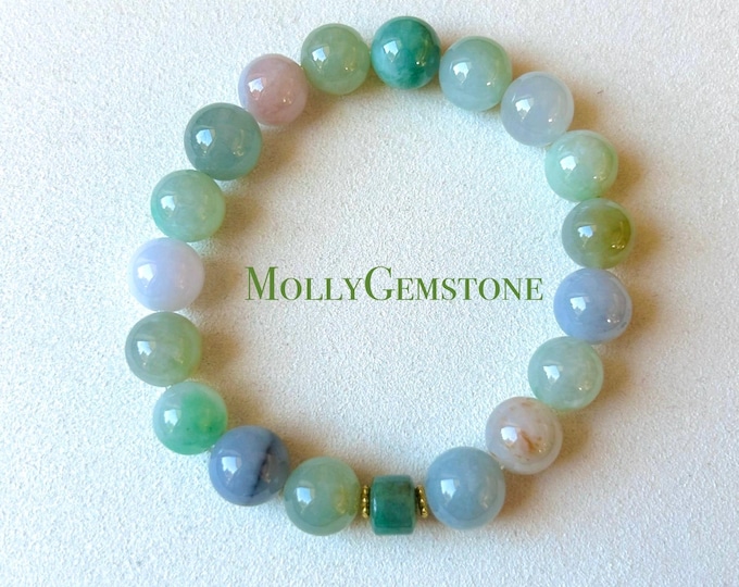 Jadeite Beaded Bracelet 10mm Big Beads Jewelry Authentic Untreated Burmese Type A Icy Translucent Multi-RARE-Color FeiCui Valentine Gift