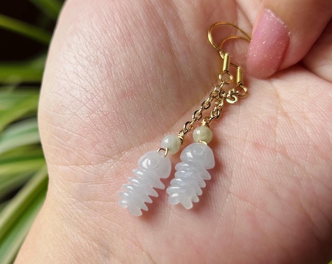 Jadeite Jade Earrings Jewelry Gift for Her Untreated Burma Highly Translucent Icy Type A Jadeite 925 Sterling Silver Hand-carved Fish Bone