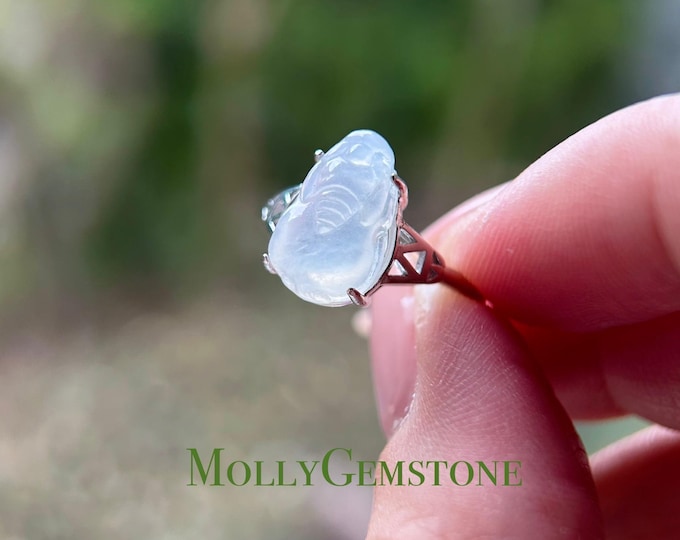Natural Jadeite Jade PiXiu Ring Jewelry Gift for Her  Burmese Type A Highly Translucent Icy Jadeite Adjustable Sterling Silver Ring