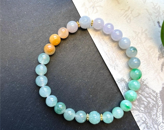 Jadeite Beaded Bracelet Jewelry Natural Burmese Type A Icy Highly Translucent MultiColor Rainbow Jade 7mm