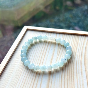 Pulseira de contas de jade jadeíta, joia não tratada, altamente translúcida, tipo A, birmanês, azul gelo, wuji floral, 7,5 mm, presente de natal feito à mão para ela