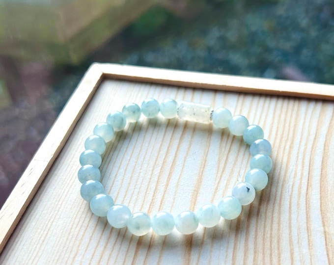 Jadeite Jade Beaded Bracelet Jewelry Untreated Highly Translucent Type A Burmese Icy Blue Wuji Floral 7.5mm Handmade Christmas Gift for Her