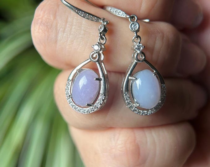 Burmese Lavender Jadeite AB Style Earrings: Natural Type A Icy Purple Jade, Sterling Silver, Christmas Gift for Her