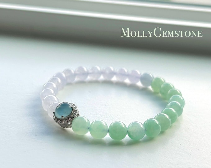 Natural Jadeite Beaded Bracelet Natural Burmese Type A Icy Highly Translucent Lavender Purple & Green Jade 7mm
