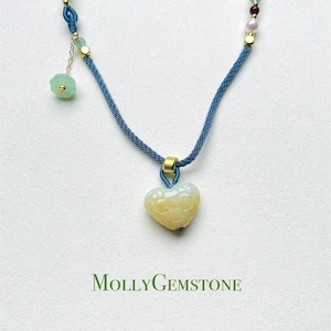 Jadeite Jade Heart Pendant Adjustable Necklace Handcrafted Gift for Her Burmese Authentic Untreated Type A Translucent Icy Yellow Jadeite