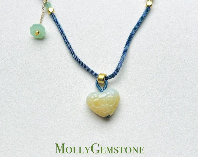 Jadeite Jade Heart Pendant Adjustable Necklace Handcrafted Gift for Her Burmese Authentic Untreated Type A Translucent Icy Yellow Jadeite