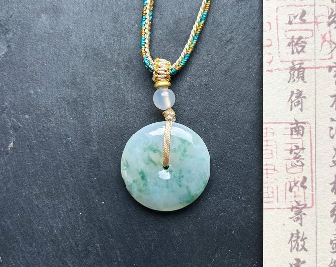 Natural Jadeite Jade Lucky Donut Pendant Handwoven Necklace Burmese Type A Icy Green Floral Jade PingAnKou 25mm