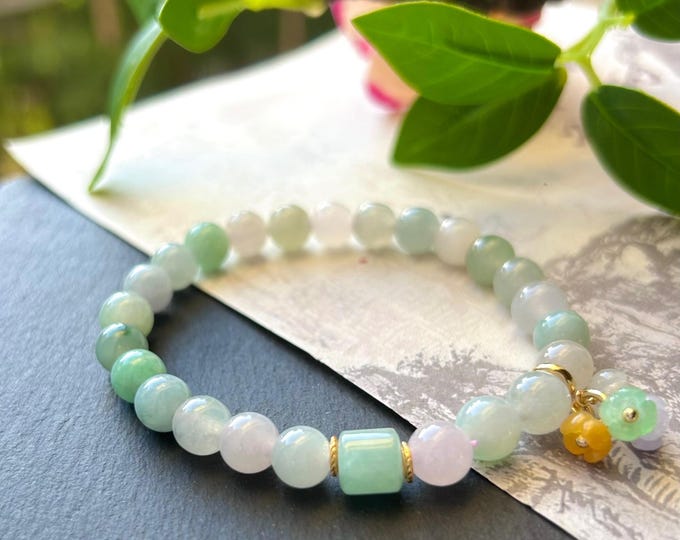 Natural Jadeite Beaded Bracelet Burmese Type A Icy Translucent Multicolor Jade Osmanthus Flower Charm Mid-Autumn Festival Gift