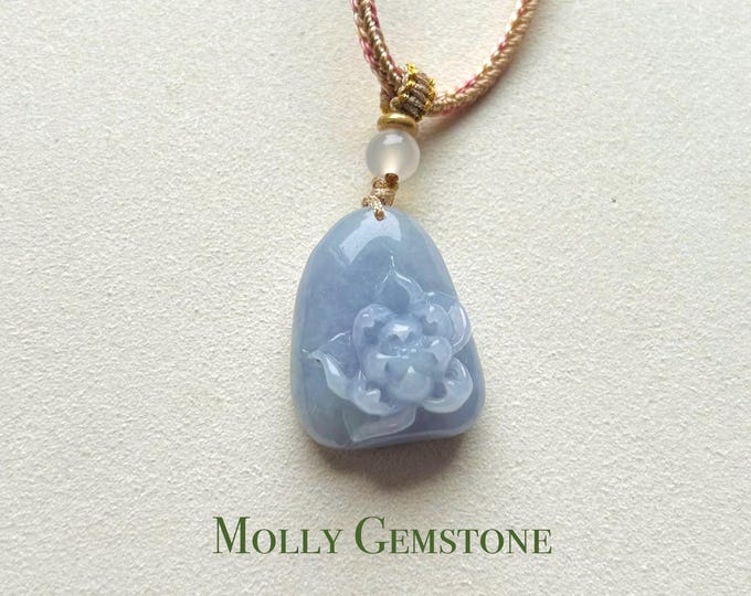 Jadeite Jade Pendant Jewelry Natural Burmese Untreated Type A Translucent Icy Lavender Purple Jade Hand-carved Lotus Flower Pendant Necklace