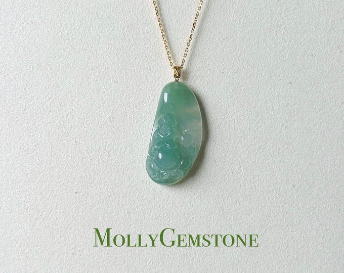 Jadeite Jade Pendant Jewelry Gift Burmese Untreated Type A Highly Translucent Icy Green Jadeite Laughing Buddha Pendant 18k Solid Gold Bail