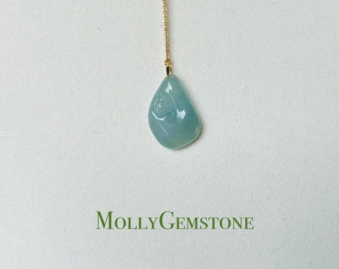 Jadeite Jade Pendant Necklace Jewelry Type A Burmese Untreated Translucent Icy Blue Jade Hand-Carved Buddhism Enlightment(悟道) Gift for Her