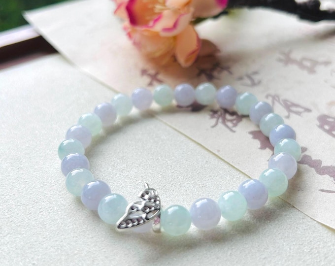 Jadeite Jade Beaded Bracelet Jewelry Gift for Her Natural Burmese Untreated Type A Icy Translucent Lavender Purple & Light Green 7mm