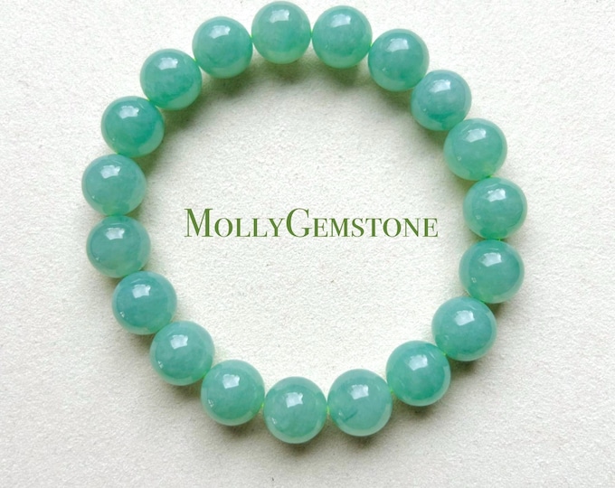 Jadeite Beaded Bracelet 10mm Big Beads Handmade Jewelry Gift for Her Authentic Burmese Type A Icy Translucent Jadeite Apple Green FeiCui