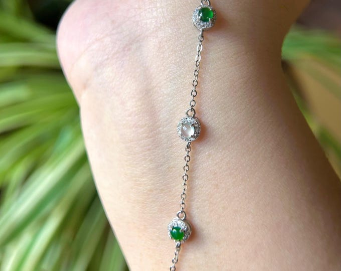 Natural Jadeite & Sterling Silver Bracelet Minimalist Jewelry Burmese and Guatemalan Type A Highly Translucent Icy White Green Jade