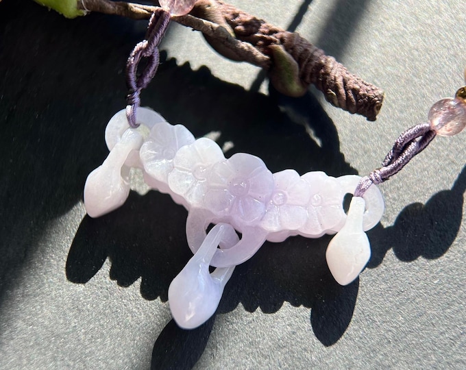 Jadeite Jade Crecent Pendant Handwoven Jewelry Gift Natural Burmese Type A Highly Translucent Icy Green or Purple Hand-carved Jade Flower