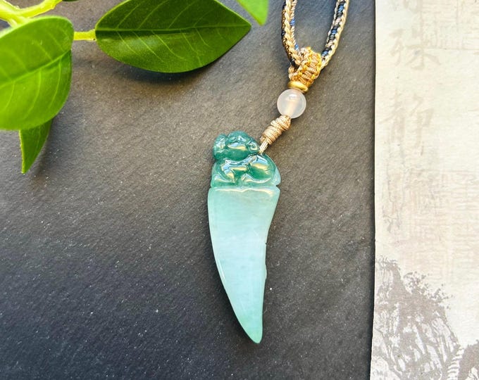 Jadeite Lion’s Fang Pendant Jewelry Handwoven Adjustable Necklace Natural Burmese Type A Translucent Icy Green Jade