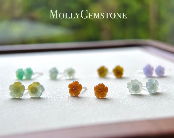 Jadeite Jade Flower Stud Earrings Handmade Jewelry Gift for Her Natural Burmese Type A Highly Translucent Icy Jade Earrings Sterling Silver