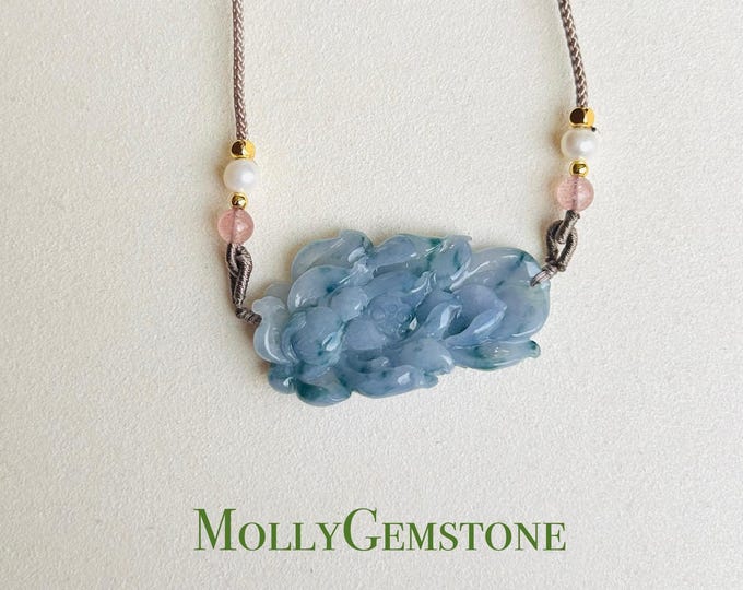Jadeite Jade Pendant Jewelry Natural Burmese Untreated Type A Translucent Icy Lavender Purple Blue Floral FeiCui Hand-Carved Flower Necklace