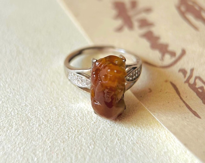 Jadeite Jade PiXiu Silver Ring Jewelry Mothers Day Gift Natural Burmese Type A Unheated Translucent Icy Red Jadeite Adjustable Ring Unisex
