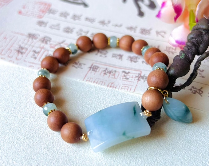 Jadeite Jade & Sandlewood Bracelet Jewelry Gift for Her Authentic Burmese Untreated Icy Translucent Type A Icy Lavender Purple Blue Floral