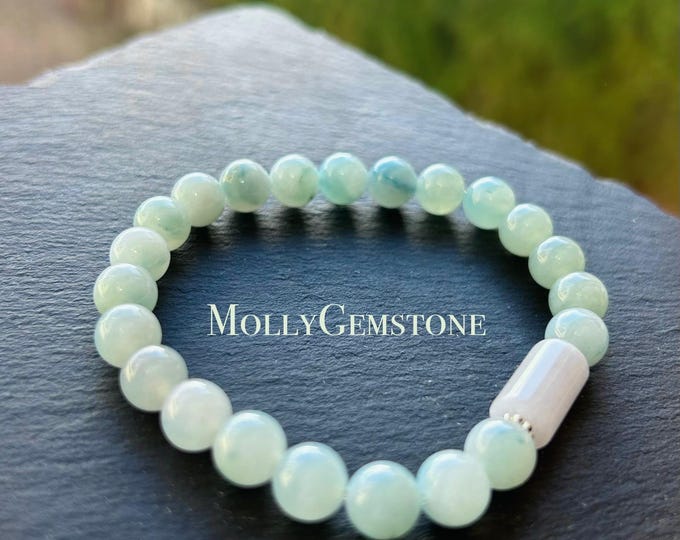 Jadeite Jade Beaded Bracelet Jewelry Lunar New Year’s Gift for Her Burmese Untreated Type A Blue Floral Translucent Icy Jadeite 7.5mm