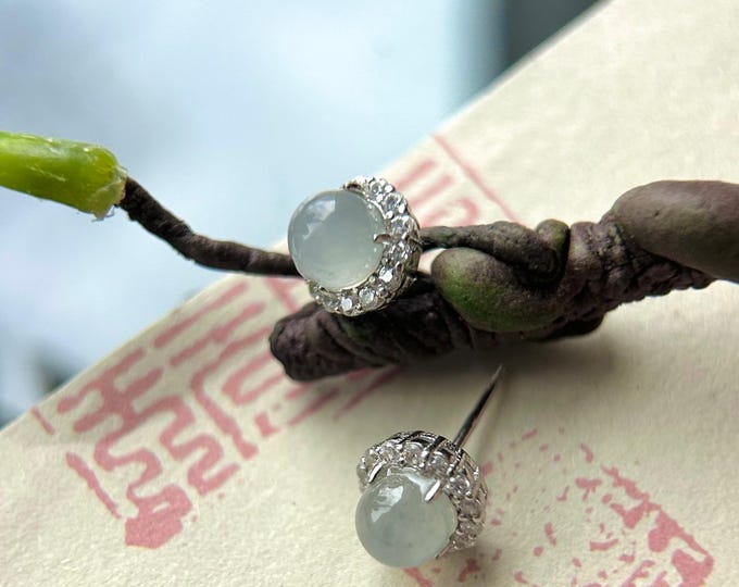 Natural Jadeite Lucky Donut Earrings: Burmese Type A Untreated Highly Translucent Icy White/Pale Blue Jade, Sterling Silver