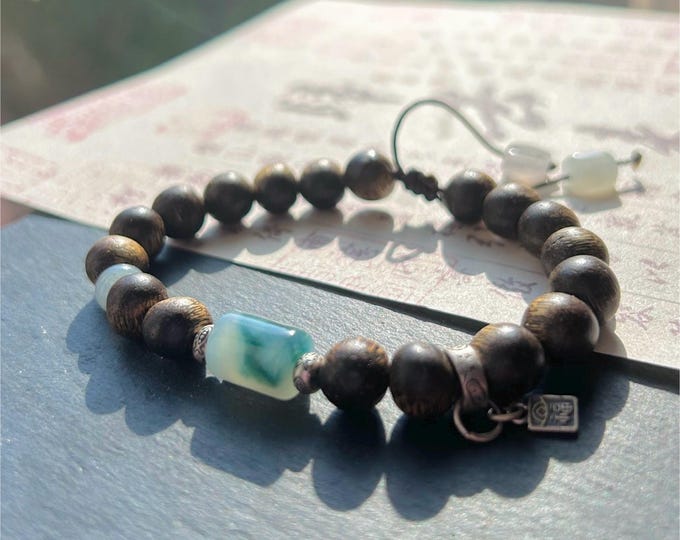 Natural Jadeite & Agarwood Beaded Bracelet Handmade Jewelry Gift High Quality Agarwood Burmese Icy Translucent Type A Icy Blue Floral Jade