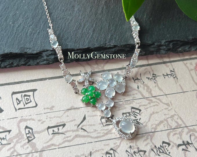 Certified Natural Jadeite Cabochon Designer Necklace, Burmese Type A Highly Translucent Icy Green & White Jade, 925 Sterling Silver
