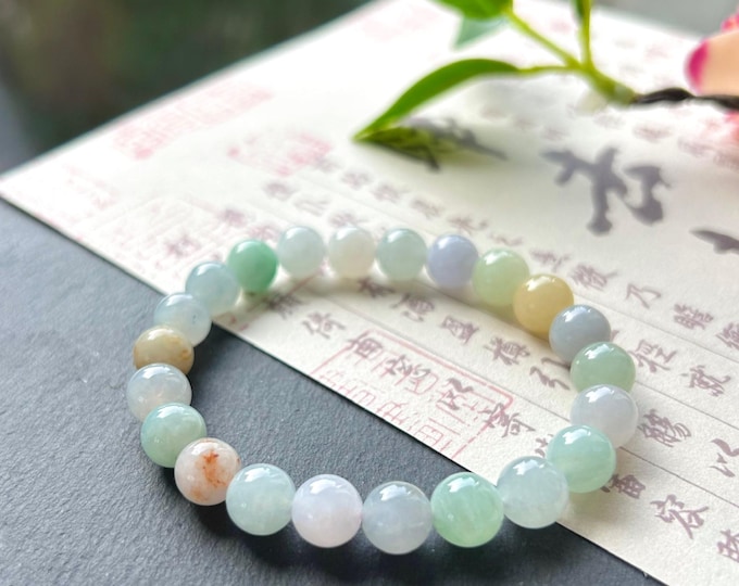 Burmese Jadeite Beaded Bracelet: Natural Type A Icy Translucent Candy Multicolor Myanmar Jade Untreated 8mm