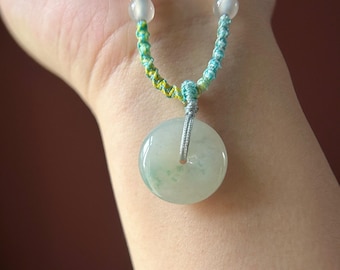 Natural Jadeite Lucky Donut Pendant Handwoven Necklace Burmese Type A Icy White & Green Floral Jade PingAnKou 21.2x6.2mm