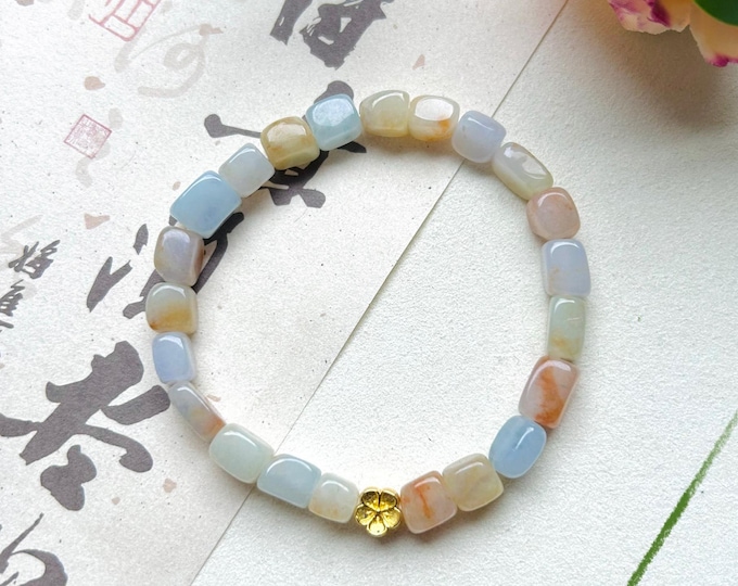 Jadeite Jade Beaded Bracelet Handmade Jewelry Gift for Her Natural Burmese Icy Translucent Type A Red Floral or Lavender Purple Jade 7mm