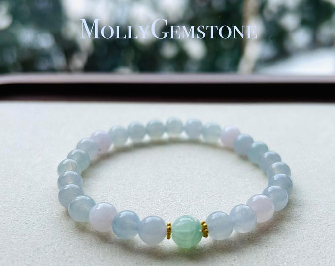 Jadeite Jade Beaded Bracelet Jewelry Untreated Icy Super High Translucency Type A Burmese Lavender Pink Purple & Blue 6.8mm Gift for Her