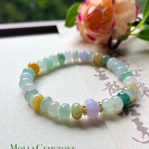 Jadeite Jade Beaded Bracelet Jewelry Gift for Her Natural Burmese Type A Highly Translucent Icy Jadeite Multi-color 8.5mm Lotus Focal Bead