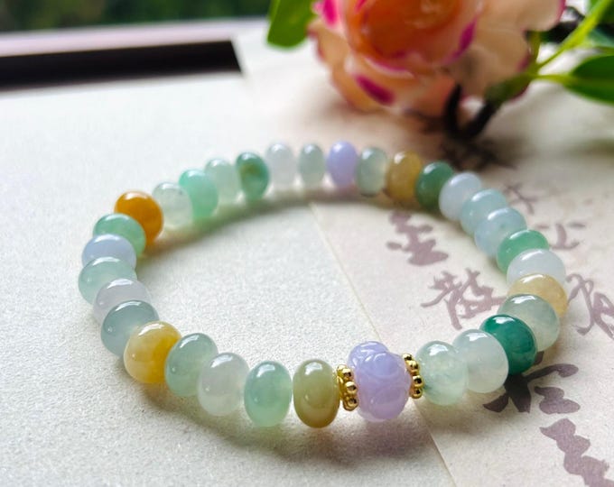 Jadeite Jade Beaded Bracelet Jewelry Gift for Her Natural Burmese Type A Highly Translucent Icy Jadeite Multi-color 8.5mm Lotus Focal Bead