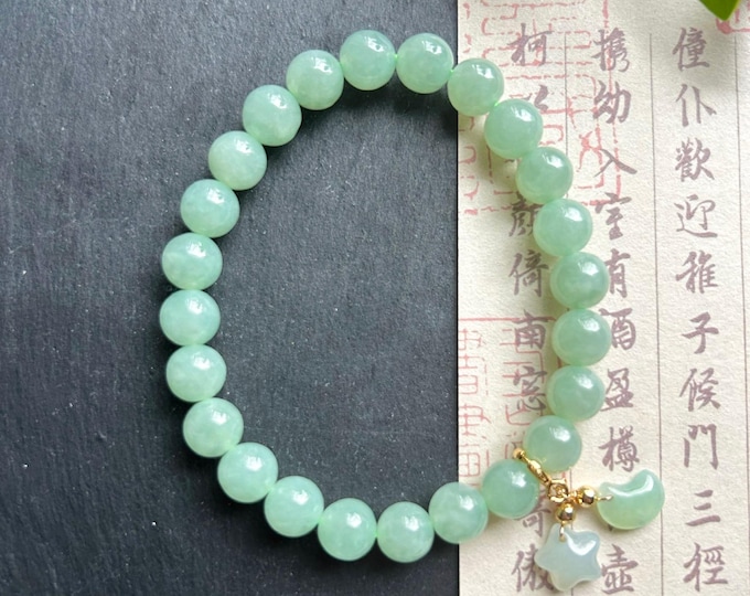 Natural Type A Burmese Jadeite Bracelet – Icy Translucent Apple Green Beads, 7.8mm Genuine Untreated Myanmar Jade