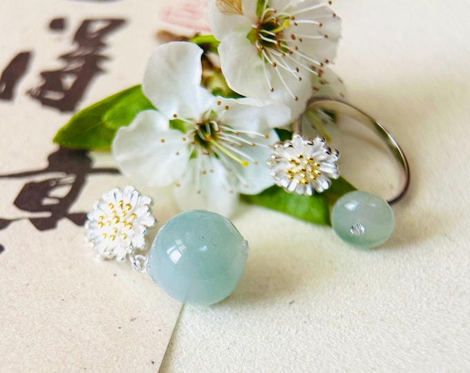 Jadeite Ring & Pendant Jewelry Set Mothers Day Gift Natural Type A Burmese Untreated High Translucent Icy Green Floral Jade Sterling Silver