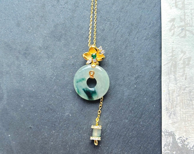 Jadeite Jade Lucky Donut Pendant Jewelry Gift for Her Natural Burmese Untreated Type A High Translucency Icy Blue Flora Jade Sterling Silver