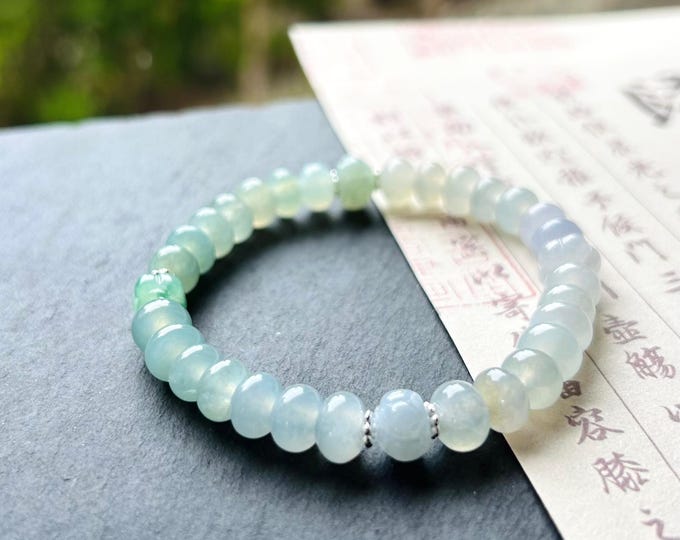 Jadeite Jade Beaded Bracelet Jewelry Gift for Her Natural Burmese Type A Icy Superior Translucency Jade Multicolor Drum Bead Handmade 7.5mm