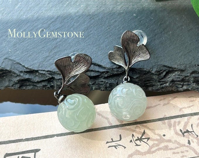 Certified Natural Jadeite Beaded Earrings: Burmese Type A Highly Translucent Icy Light Green Jade Sterling Silver| Ginkgo Leaves Design