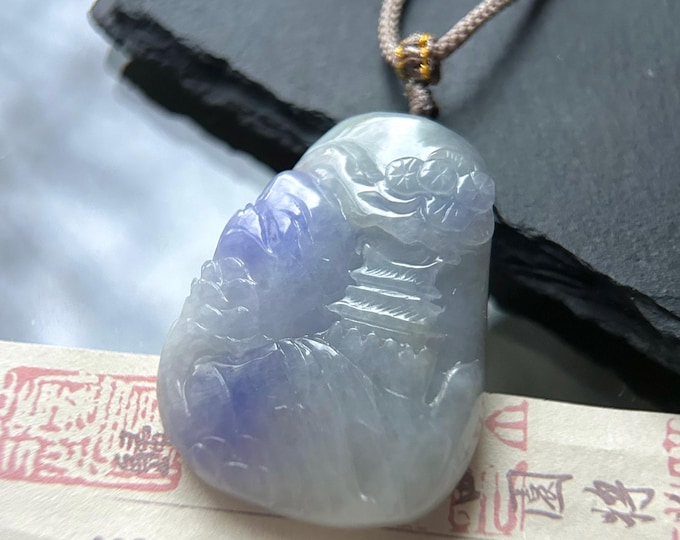Natural Purple Jadeite Pendant, Burmese Type A Vivid Lavender Jade Landscape, Feng Shui Prosperity Amulet