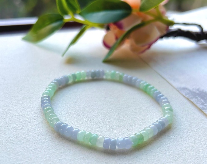 Jadeite Jade Beaded Bracelet Jewelry Handmade Gift for Her Natural Untreated Burmese Icy Translucent Type A Lavender Purple & Green Jade 4mm
