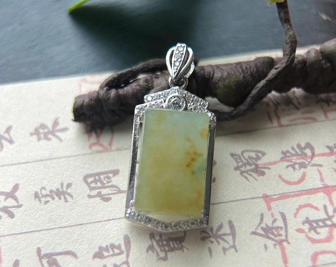 Jadeite Pendant Necklace Natural Burmese Type A Translucent Icy Yellow & Blue Floral Jade Sterling Silver Frame