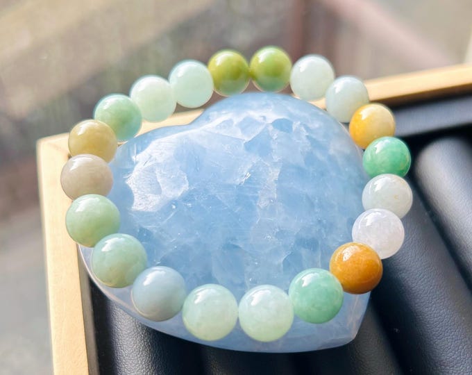 Jadeite Jade Bracelet Jewelry Gift for Her 100% Genuine High Quality Icy Type A Burmese 9.5mm Multi-Color Fei Cui Handmade in Canada