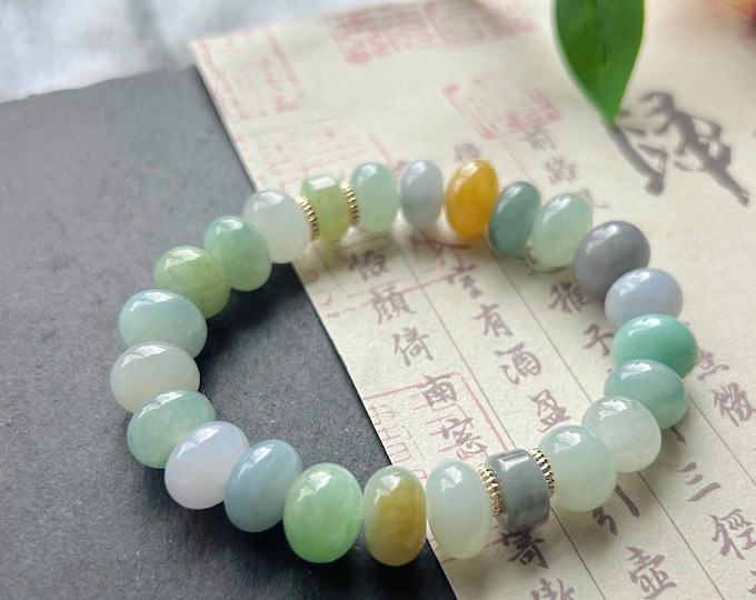 Natural Jadeite Beaded Bracelet Burmese Type A Highly Translucent Icy Rainbow Multicolor Jade 10-11mm