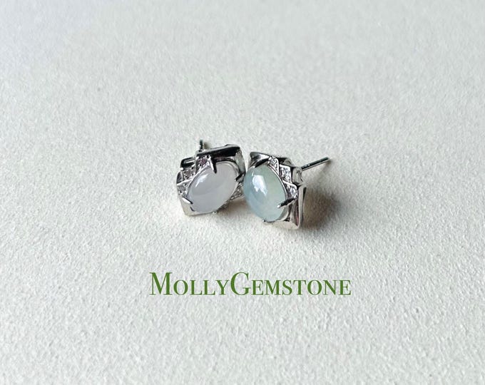 Jadeite Jade Stud Earrings Authentic Type A Burmese Translucent Icy White Jadeite Earrings Fei-Cui Gift for Her 925 Silver Handmade Jewelry